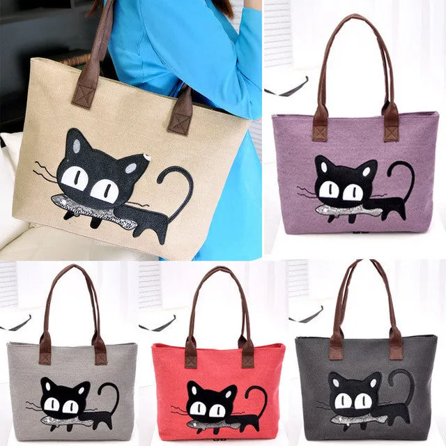 2016 Fashion Women Small Canvas Bag Cute Cat Bag Office Lunch Bag Women Shoulder Handbag Ladies Bags mochila feminina