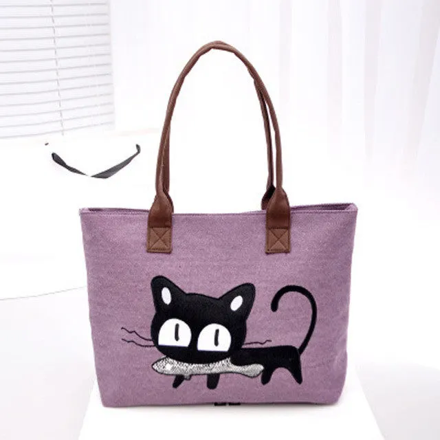 2016 Fashion Women Small Canvas Bag Cute Cat Bag Office Lunch Bag Women Shoulder Handbag Ladies Bags mochila feminina