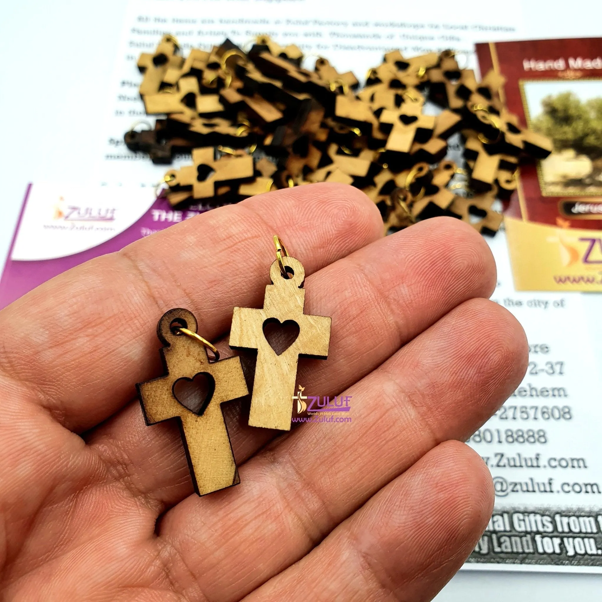 50 Olive Wood Crosses Pen228 Bethlehem Heart Charm Protestant Cross