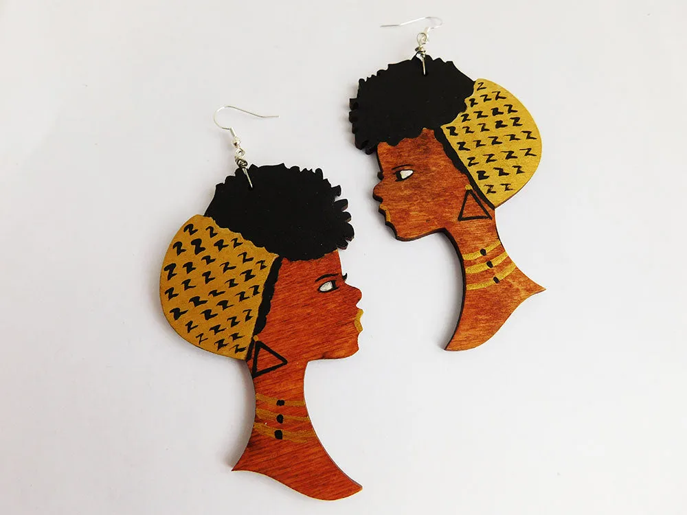 African Earrings Women Gold Afro Natural Hair Wooden Ethnic Jewelry Black Art