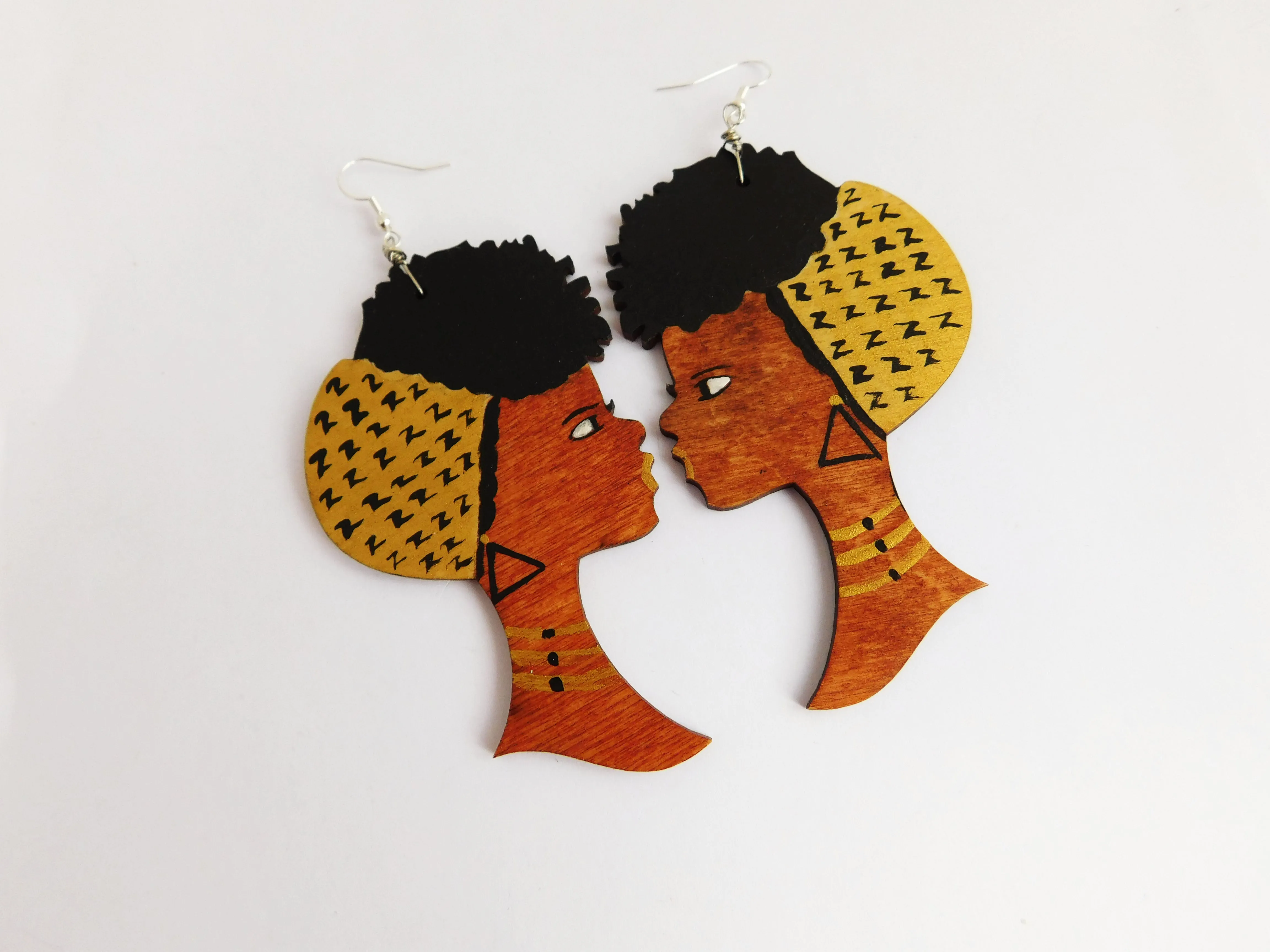 African Earrings Women Gold Afro Natural Hair Wooden Ethnic Jewelry Black Art