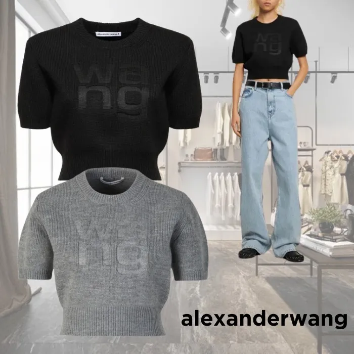 Alexander Wang  |Crew Neck Casual Style Plain Short Sleeves Party Style Logo