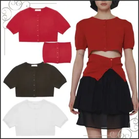 AMOMENTO  |Casual Style Street Style Plain Short Sleeves Cropped Tops