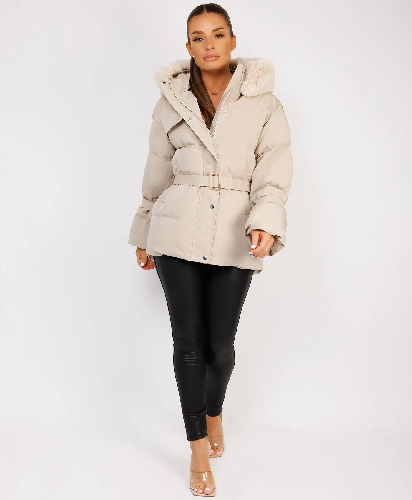 Beige Padded Faux Fur Hood Ivory Waist Belted Jacket