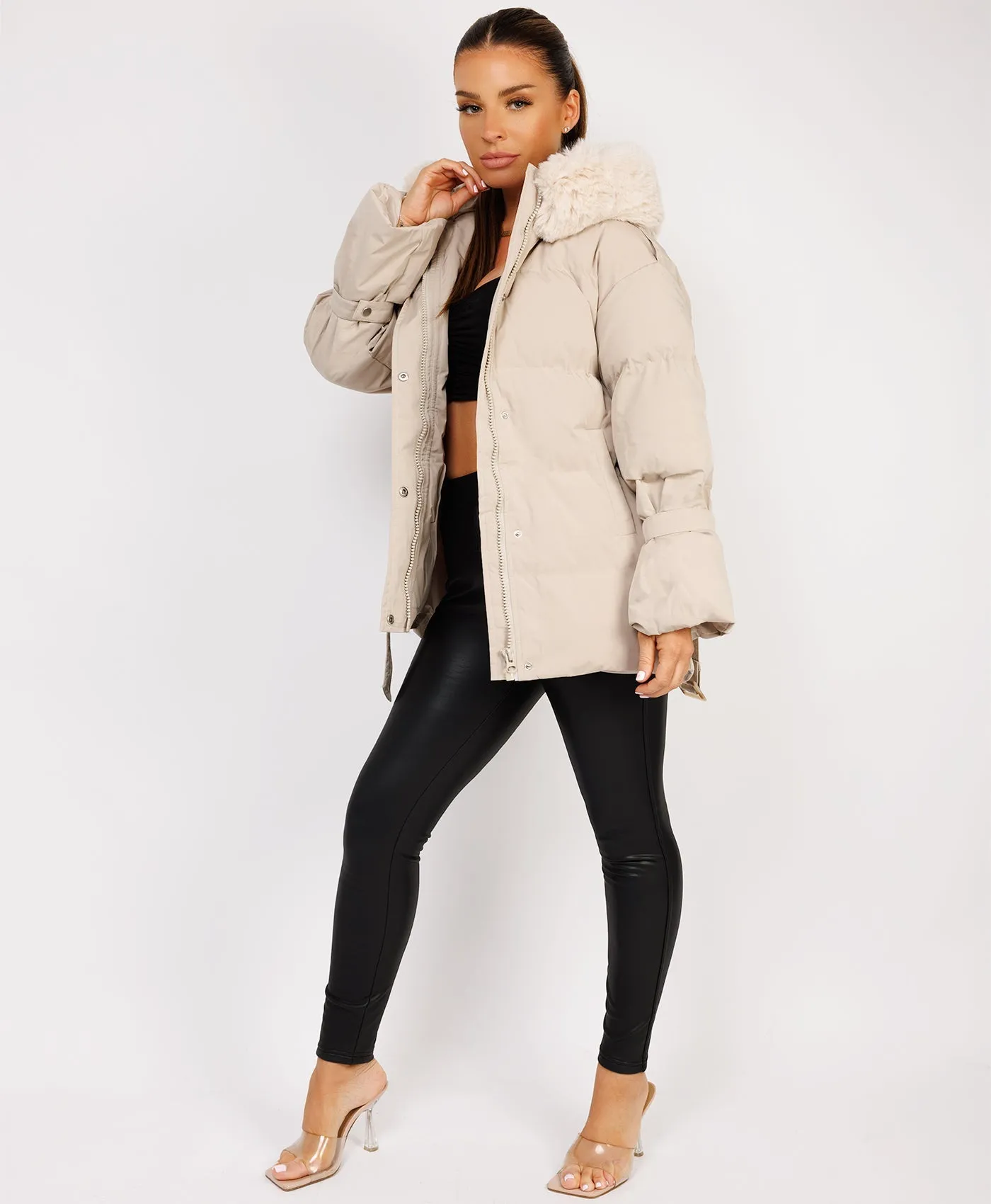 Beige Padded Faux Fur Hood Ivory Waist Belted Jacket