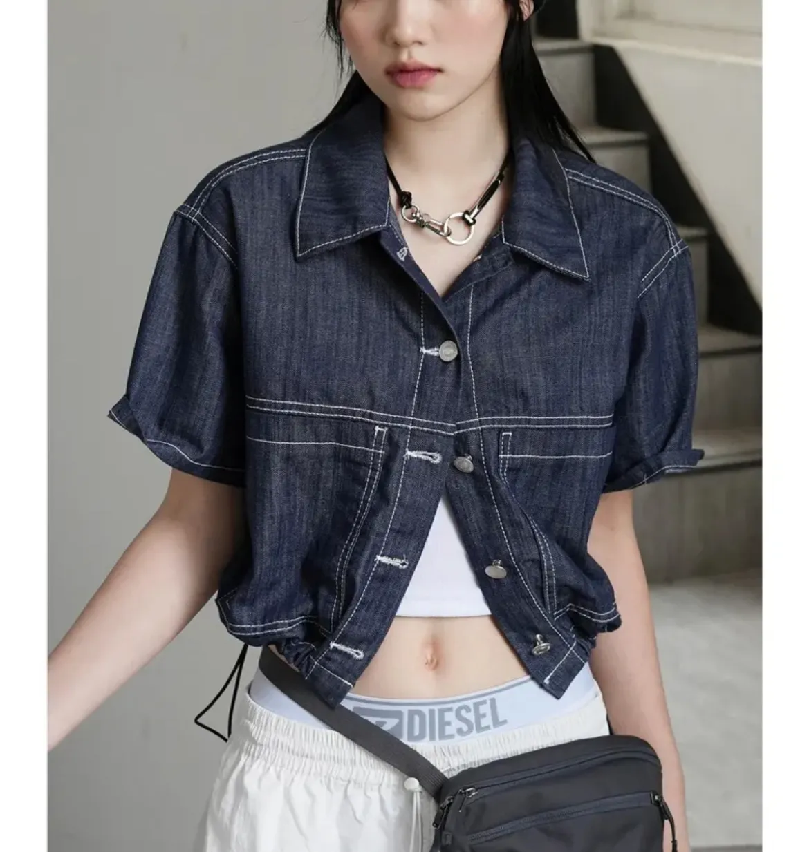 Binary01  |Casual Style Denim Street Style Plain Cotton Short Sleeves