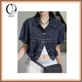 Binary01  |Casual Style Denim Street Style Plain Cotton Short Sleeves