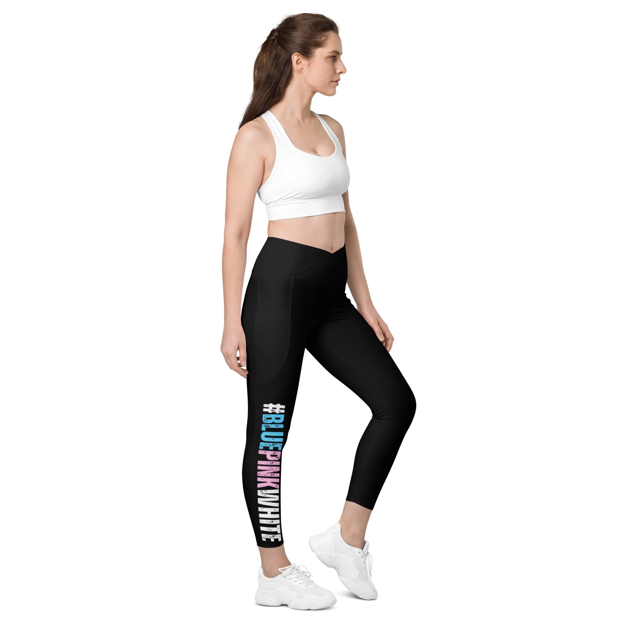 Black 'BLUEPINKWHITE' Hashtag Fitness, Pilates Crossover Waistband Workout Pants