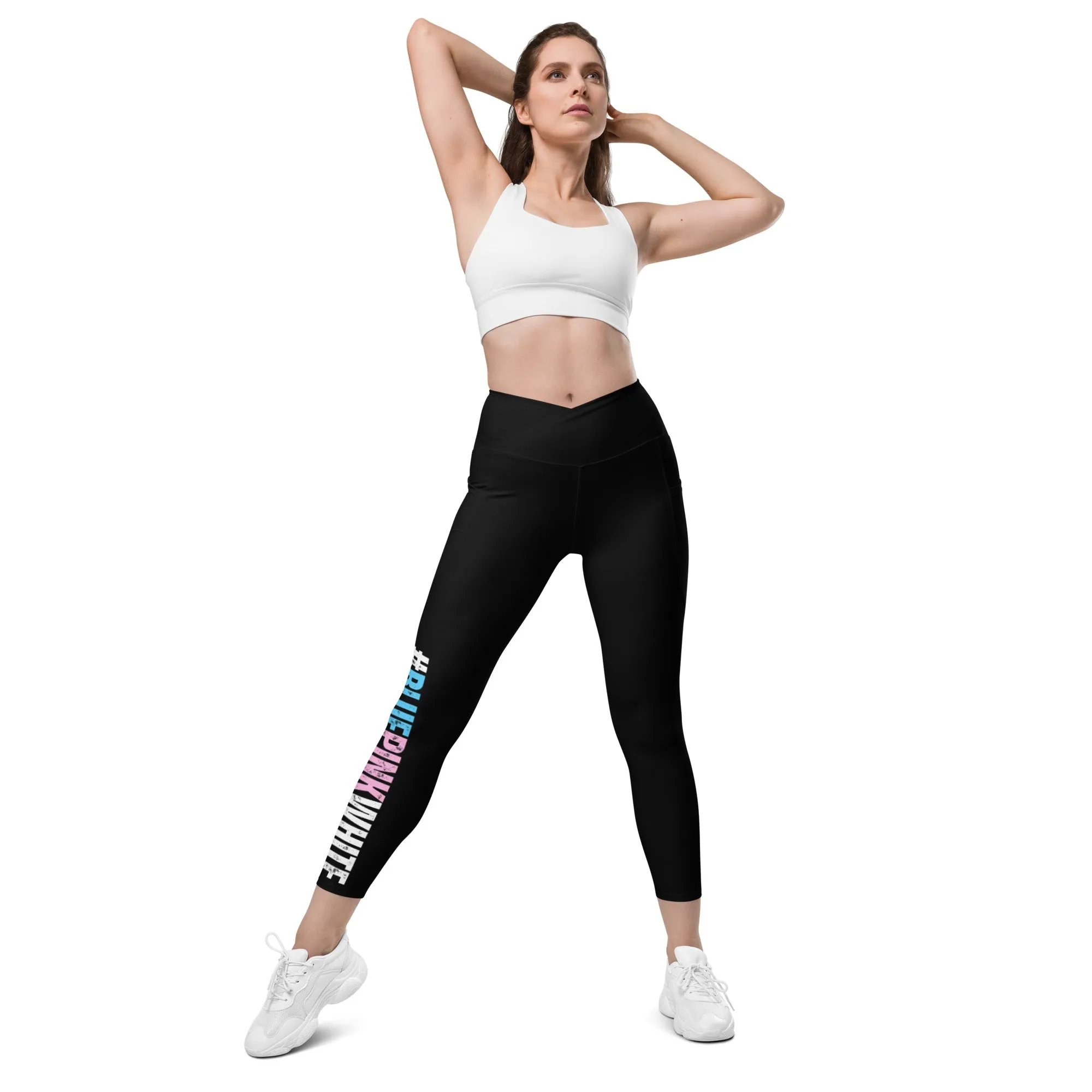 Black 'BLUEPINKWHITE' Hashtag Fitness, Pilates Crossover Waistband Workout Pants