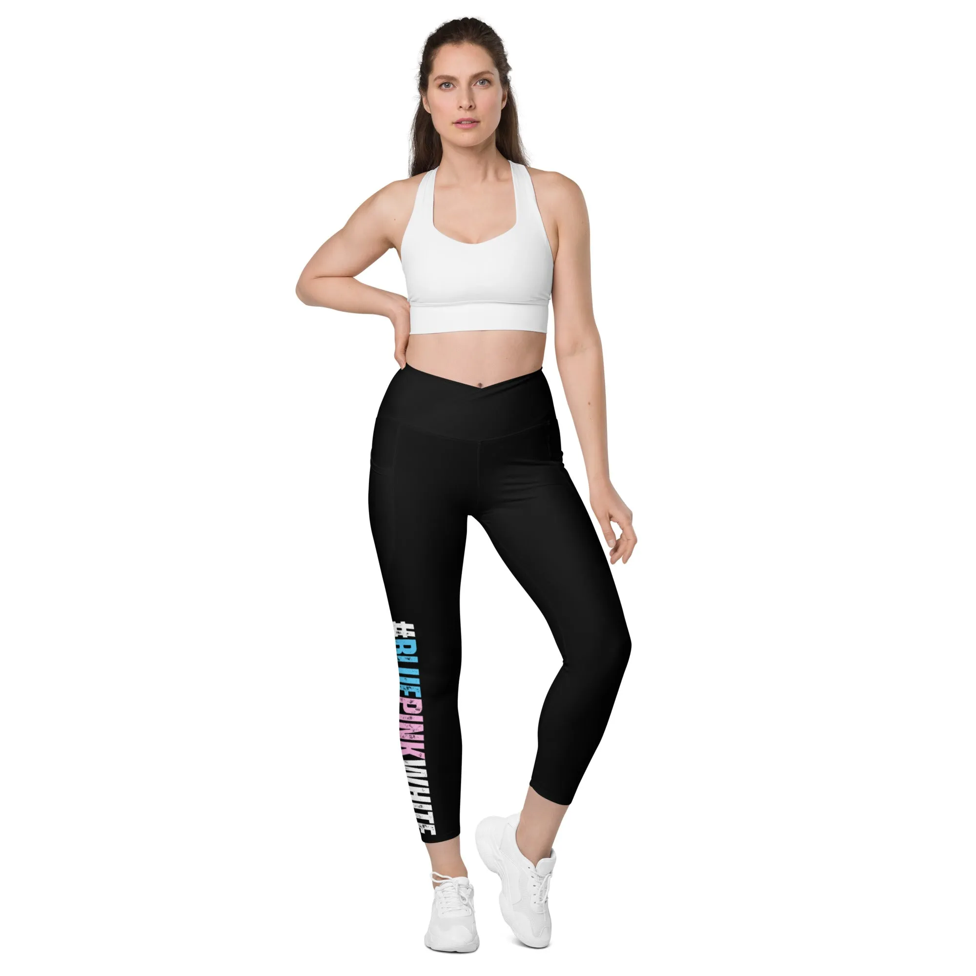 Black 'BLUEPINKWHITE' Hashtag Fitness, Pilates Crossover Waistband Workout Pants