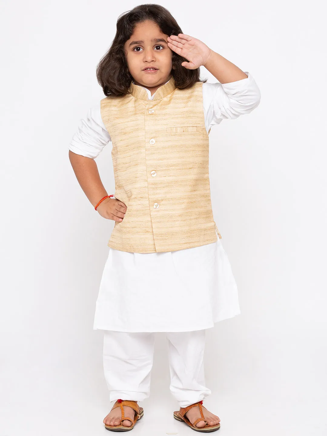 Boys' White Cotton Silk Kurta, Jacket and Pyjama Set