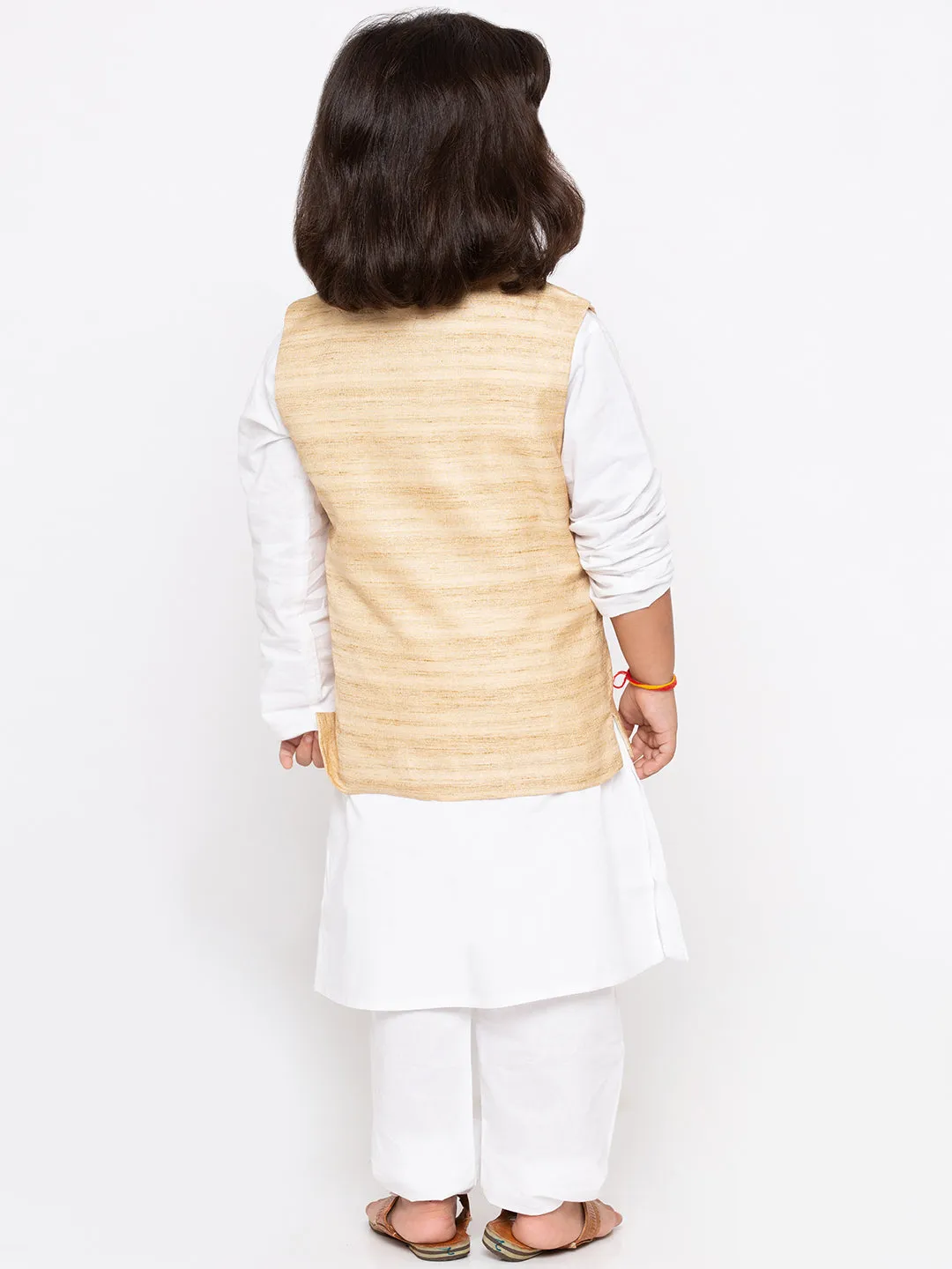 Boys' White Cotton Silk Kurta, Jacket and Pyjama Set