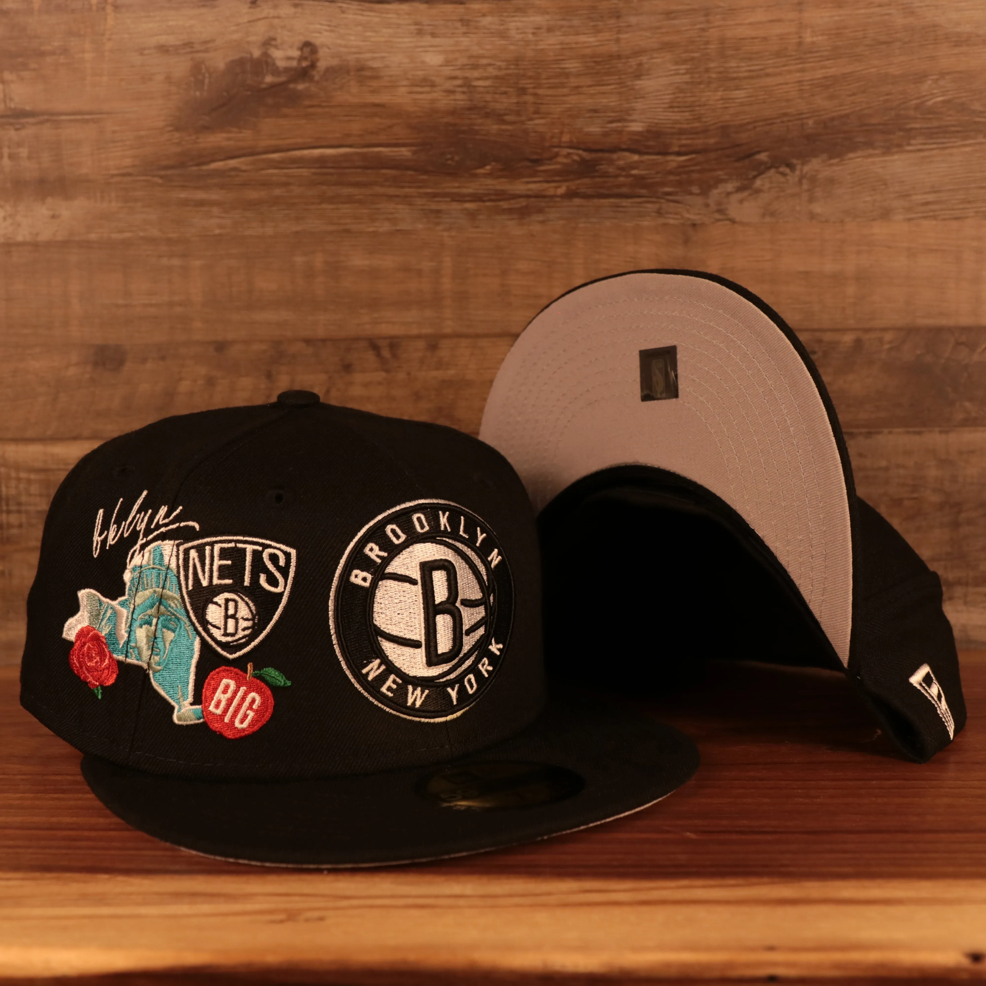 Brooklyn Nets City Cluster Side Patch Gray Bottom Black 59Fifty Fitted Cap