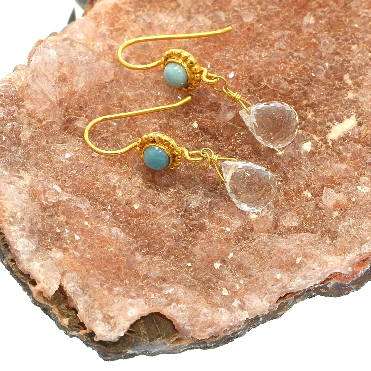 Caribbean Larimar Earrings 18K Gold With Faceted Crystal