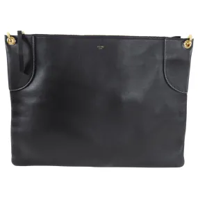 Celine Large Black Leather Flat Zip Pouch / Bag