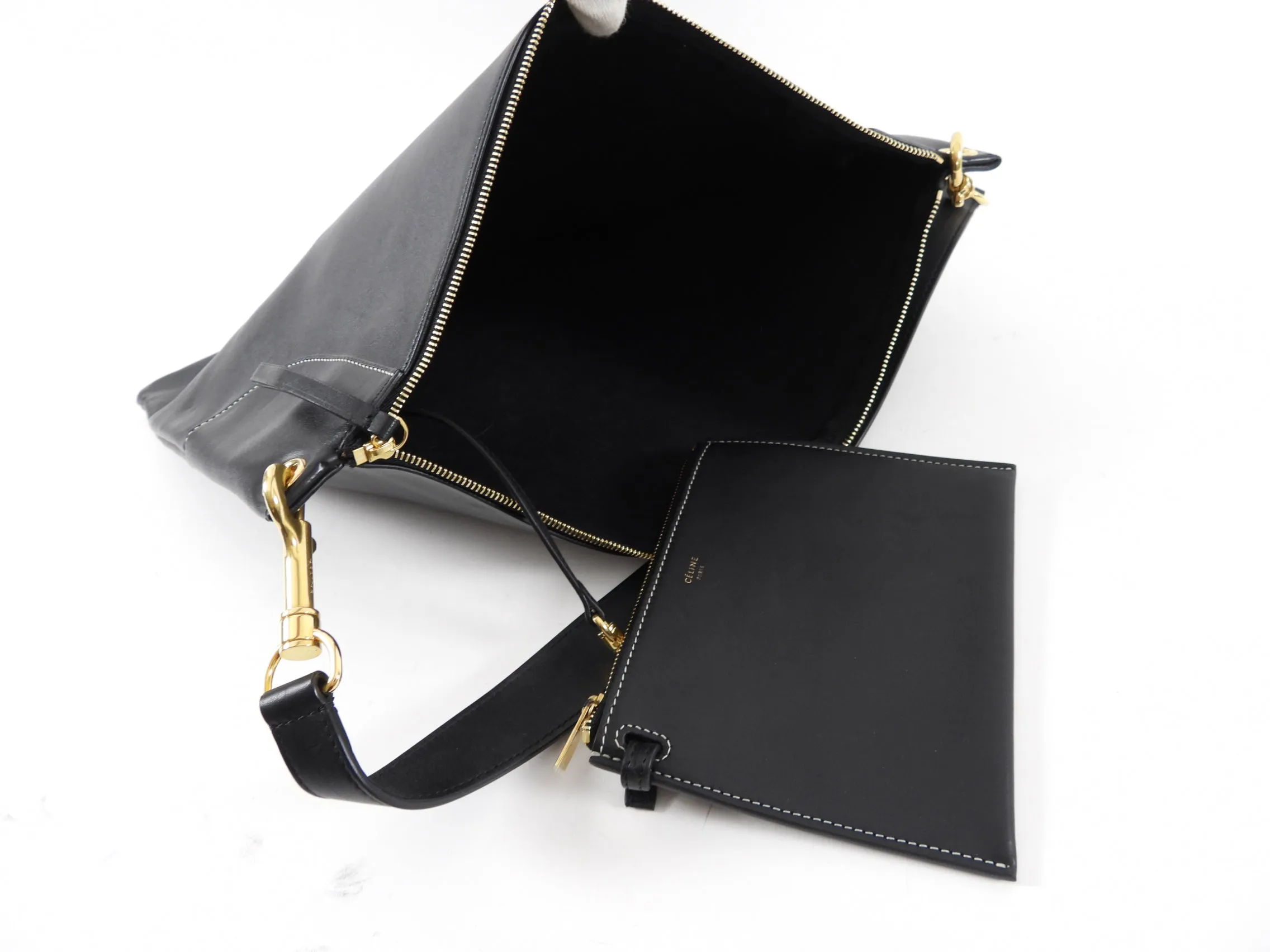 Celine Large Black Leather Flat Zip Pouch / Bag