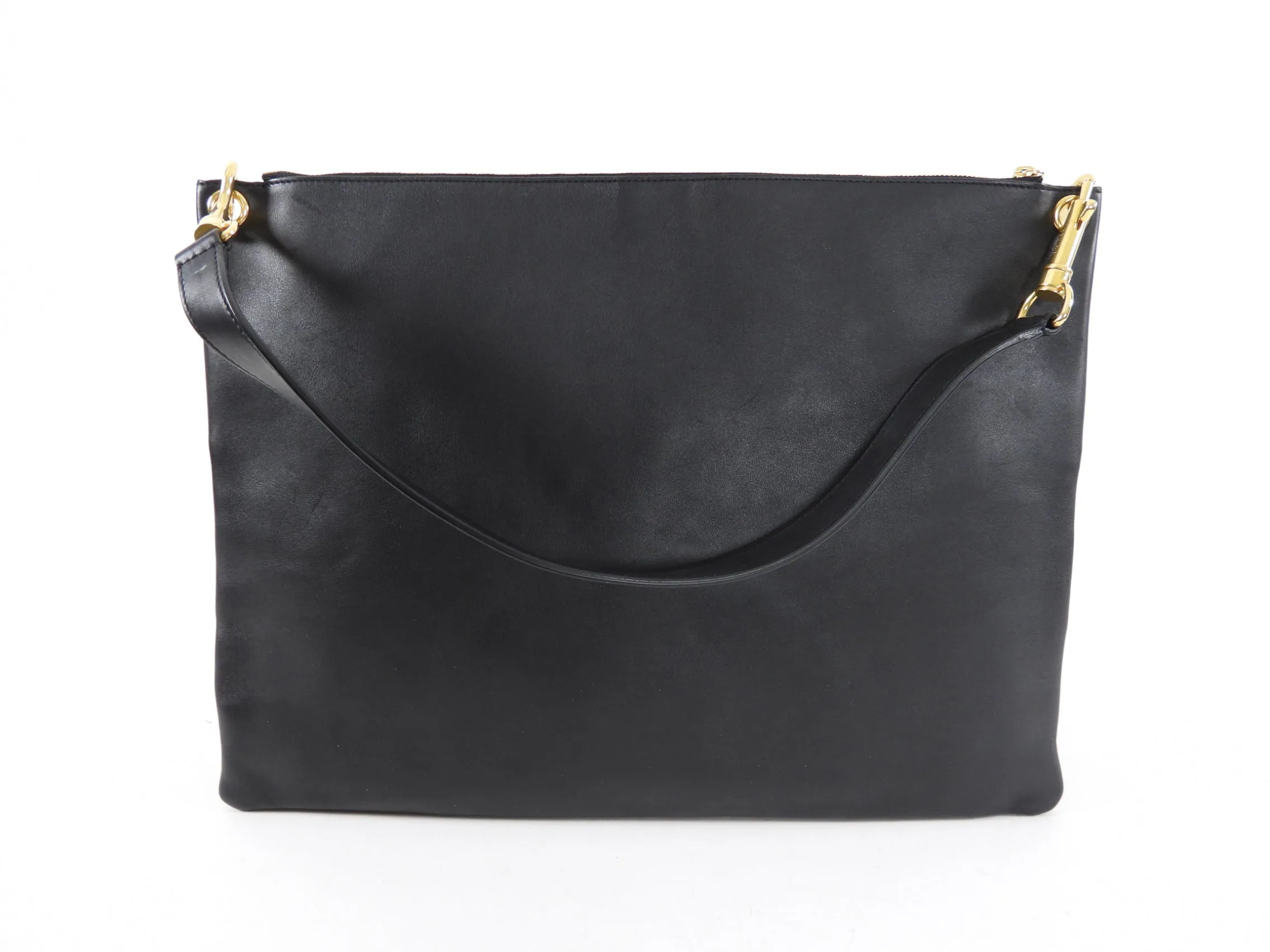 Celine Large Black Leather Flat Zip Pouch / Bag