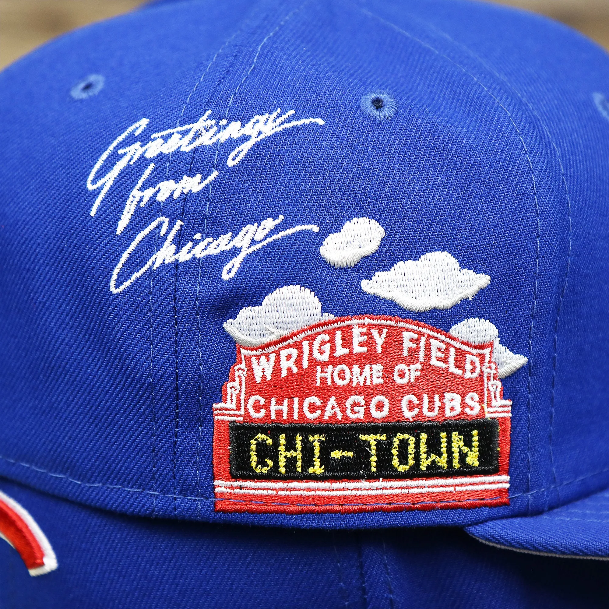 Chicago Cubs Wrigley Field Cloud Icon Side Patch Gray Bottom 59Fifty Fitted Cap | Royal Blue 59Fifty Cap