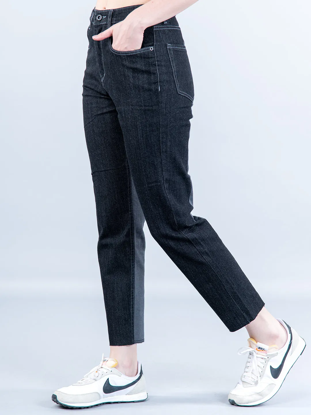 Contrast Back Detail Black Jeans For Women