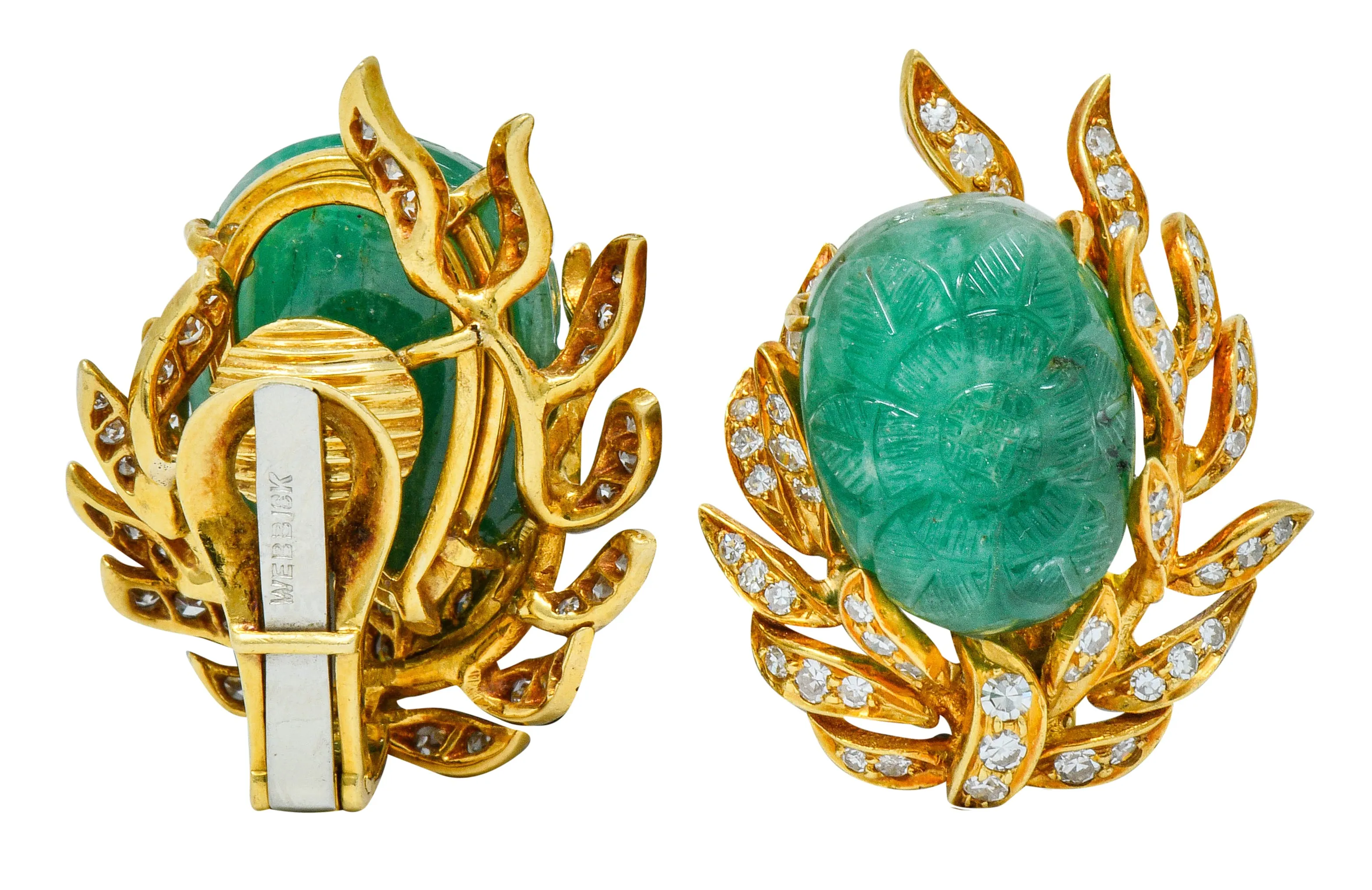 David Webb Mogul Style Diamond Carved Emerald 18 Karat Gold Floral Ear-Clip Earrings