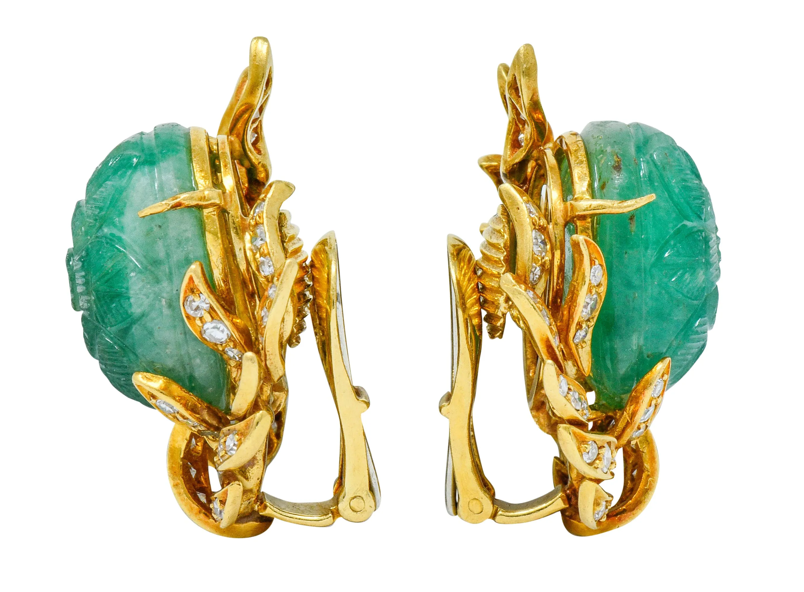 David Webb Mogul Style Diamond Carved Emerald 18 Karat Gold Floral Ear-Clip Earrings