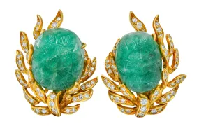 David Webb Mogul Style Diamond Carved Emerald 18 Karat Gold Floral Ear-Clip Earrings