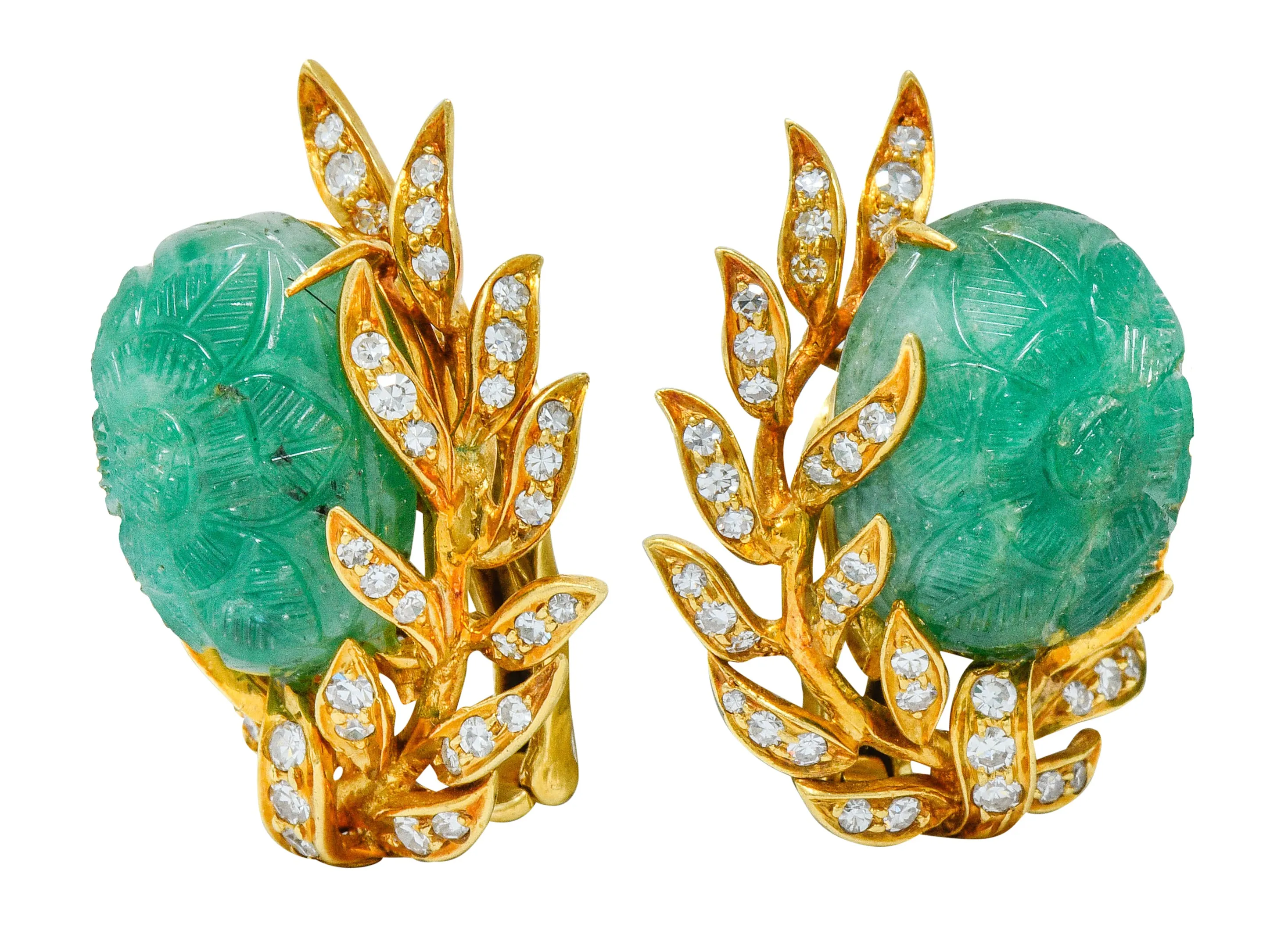 David Webb Mogul Style Diamond Carved Emerald 18 Karat Gold Floral Ear-Clip Earrings