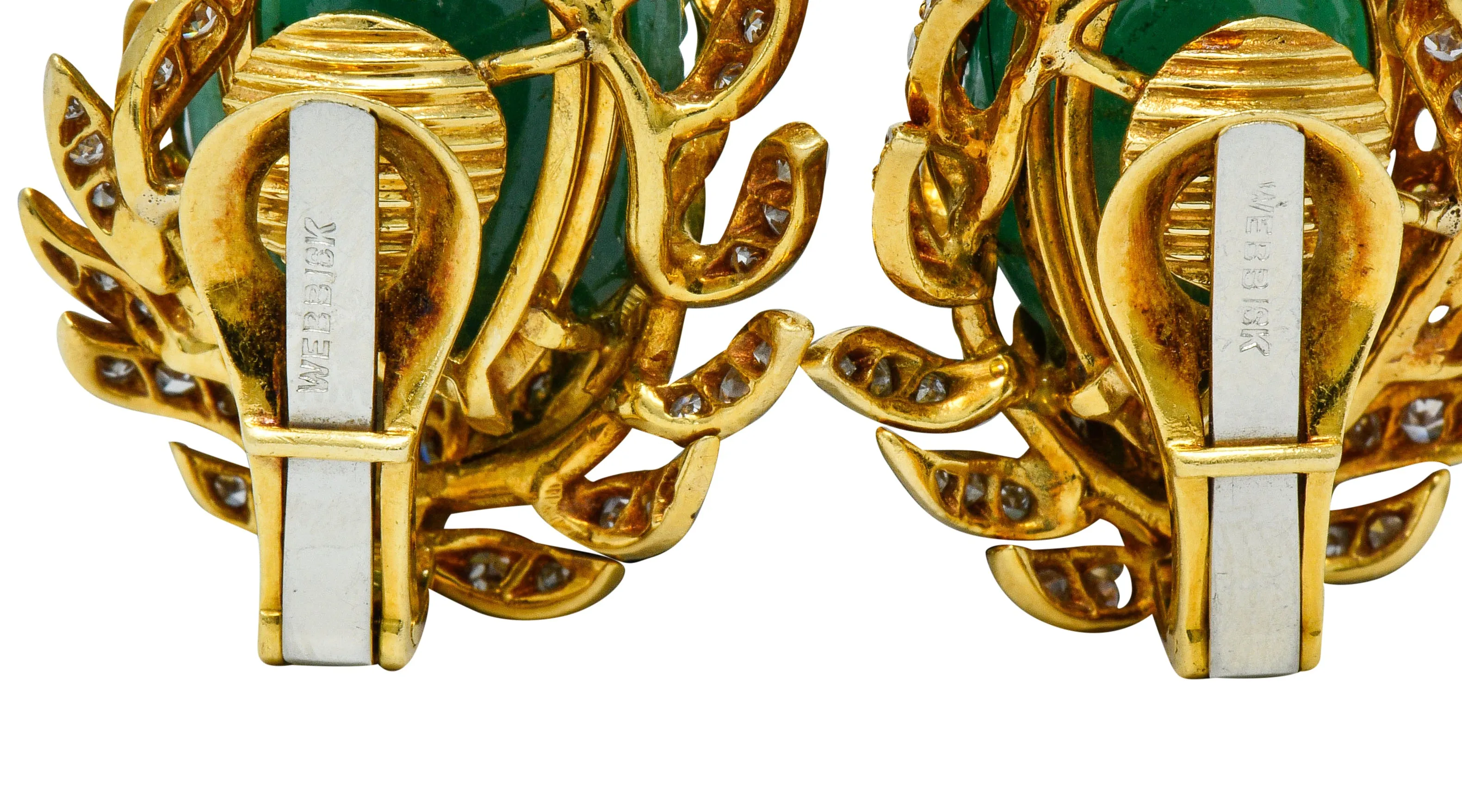 David Webb Mogul Style Diamond Carved Emerald 18 Karat Gold Floral Ear-Clip Earrings