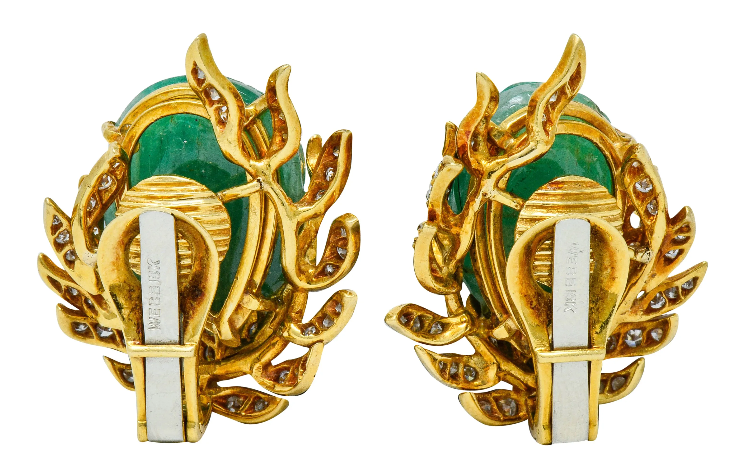 David Webb Mogul Style Diamond Carved Emerald 18 Karat Gold Floral Ear-Clip Earrings