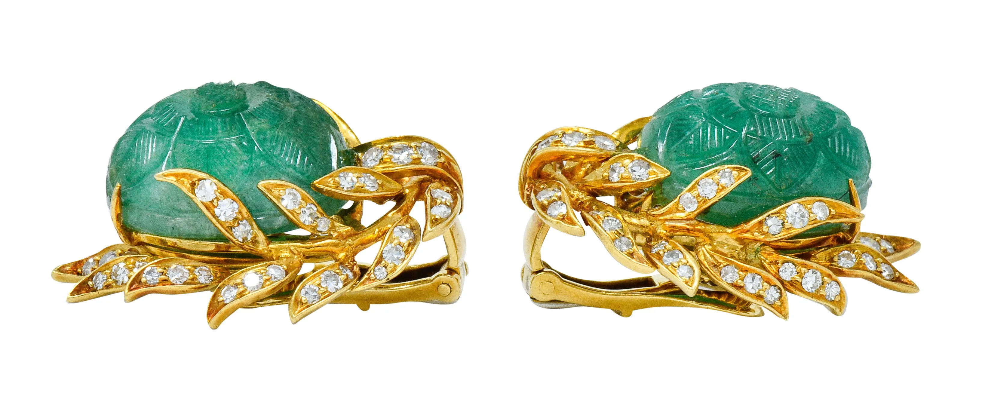 David Webb Mogul Style Diamond Carved Emerald 18 Karat Gold Floral Ear-Clip Earrings