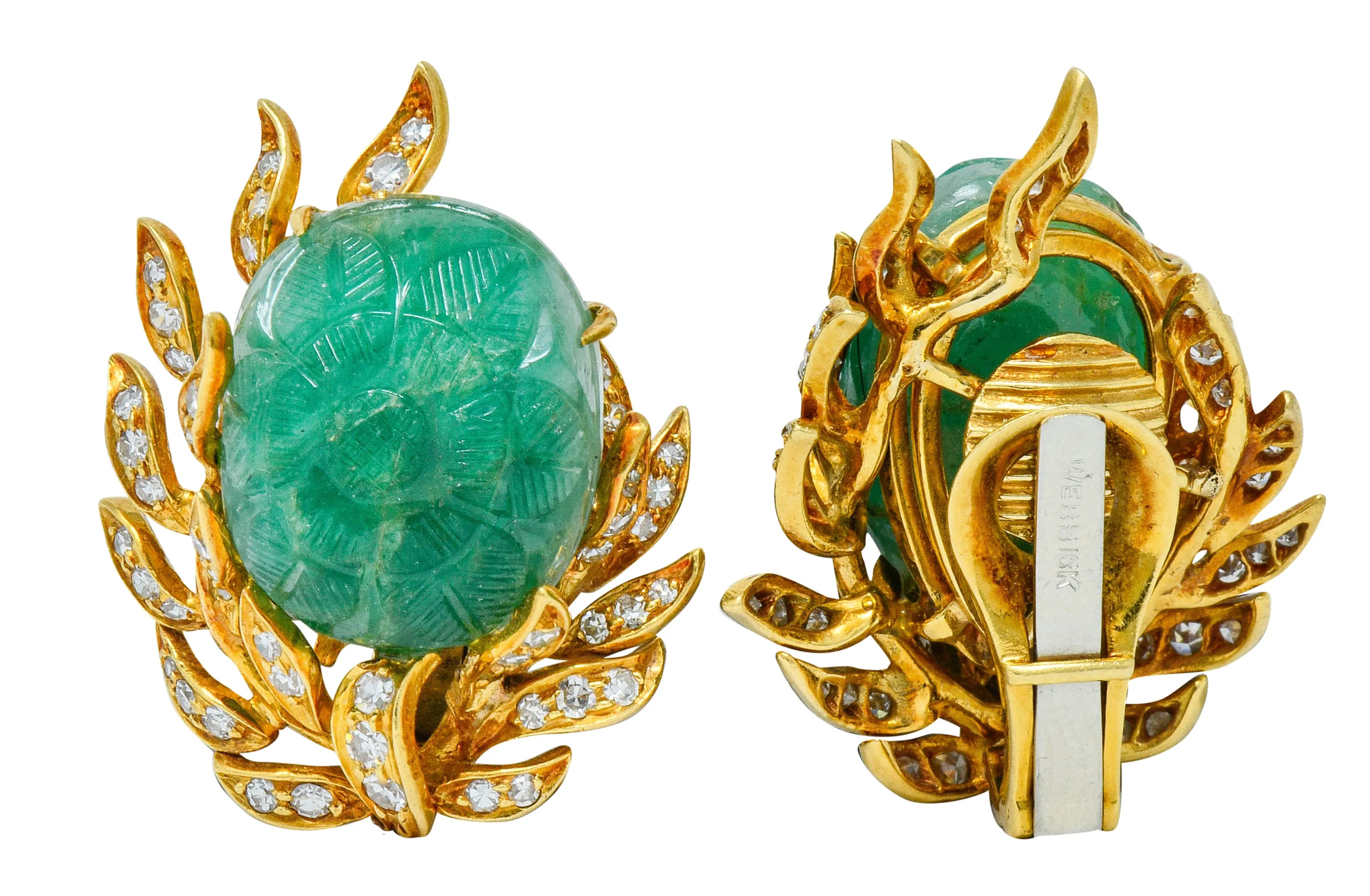 David Webb Mogul Style Diamond Carved Emerald 18 Karat Gold Floral Ear-Clip Earrings