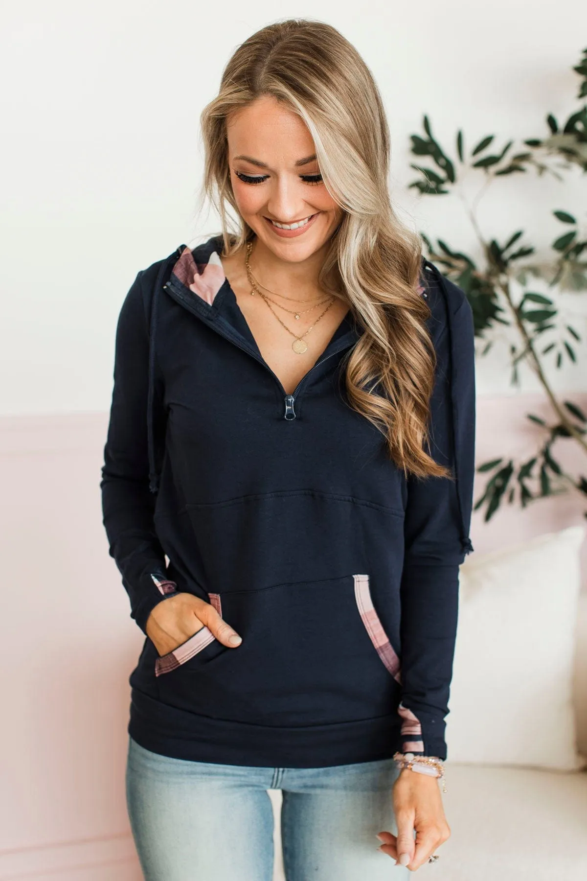 Easy To Love Quarter Zip Hoodie- Navy & Pink Plaid