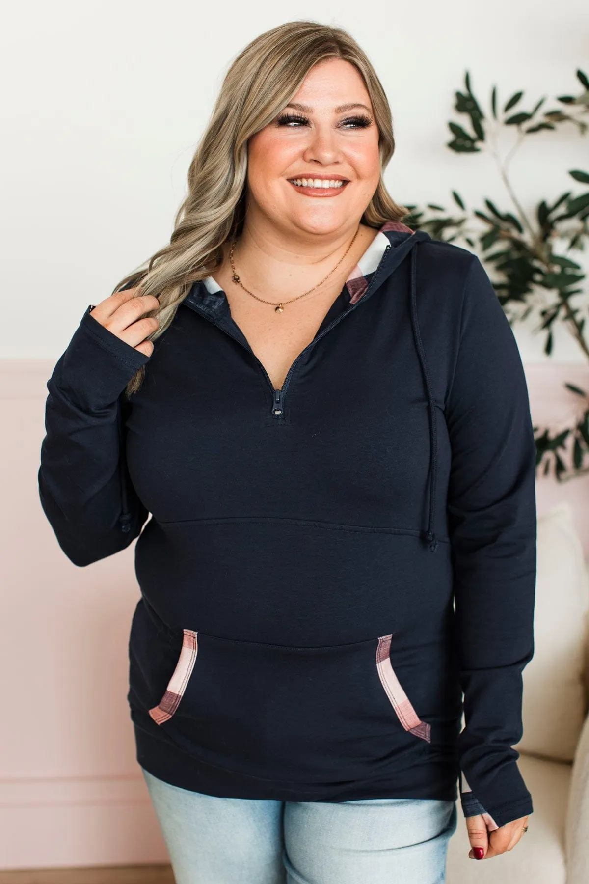 Easy To Love Quarter Zip Hoodie- Navy & Pink Plaid