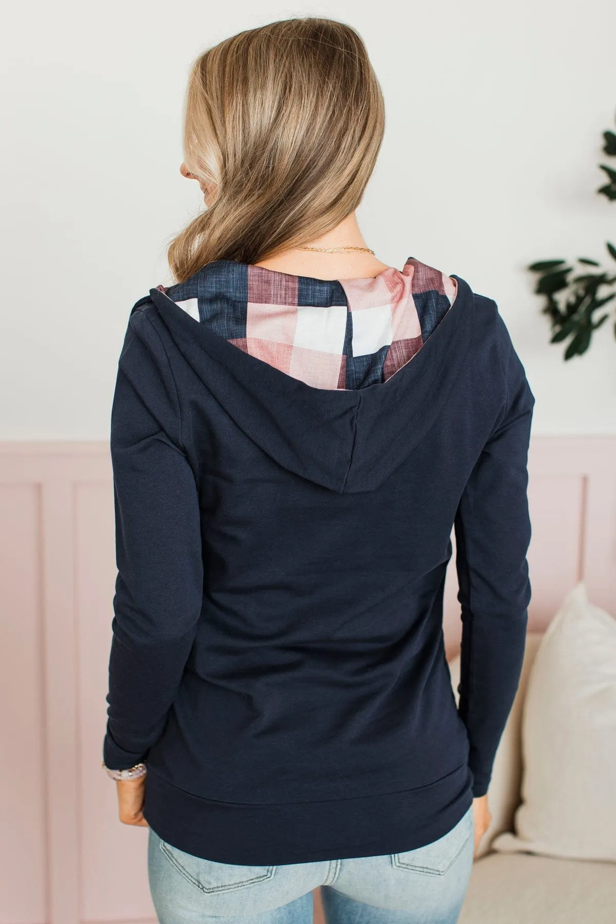 Easy To Love Quarter Zip Hoodie- Navy & Pink Plaid