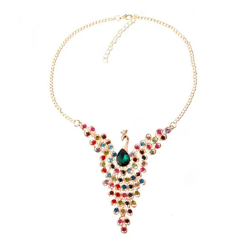 Fine Jewelry Super Dazzling Gold plated Rhinestone Colorful Peacock Long Necklace   Pendants For Women SM6