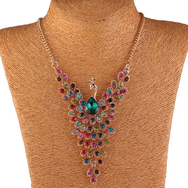 Fine Jewelry Super Dazzling Gold plated Rhinestone Colorful Peacock Long Necklace   Pendants For Women SM6