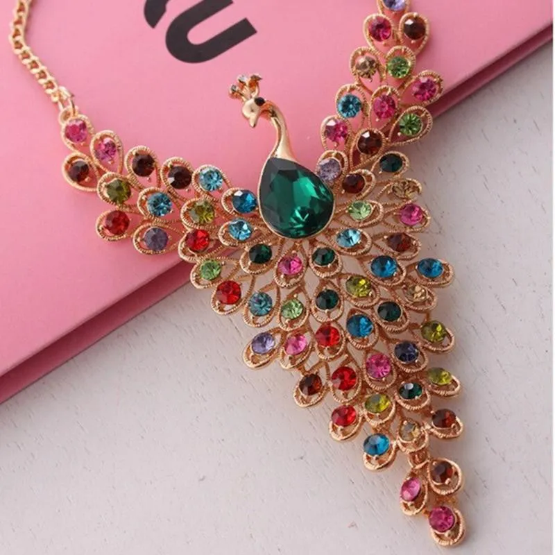 Fine Jewelry Super Dazzling Gold plated Rhinestone Colorful Peacock Long Necklace   Pendants For Women SM6