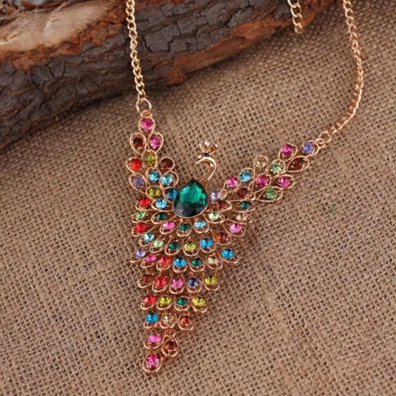 Fine Jewelry Super Dazzling Gold plated Rhinestone Colorful Peacock Long Necklace   Pendants For Women SM6