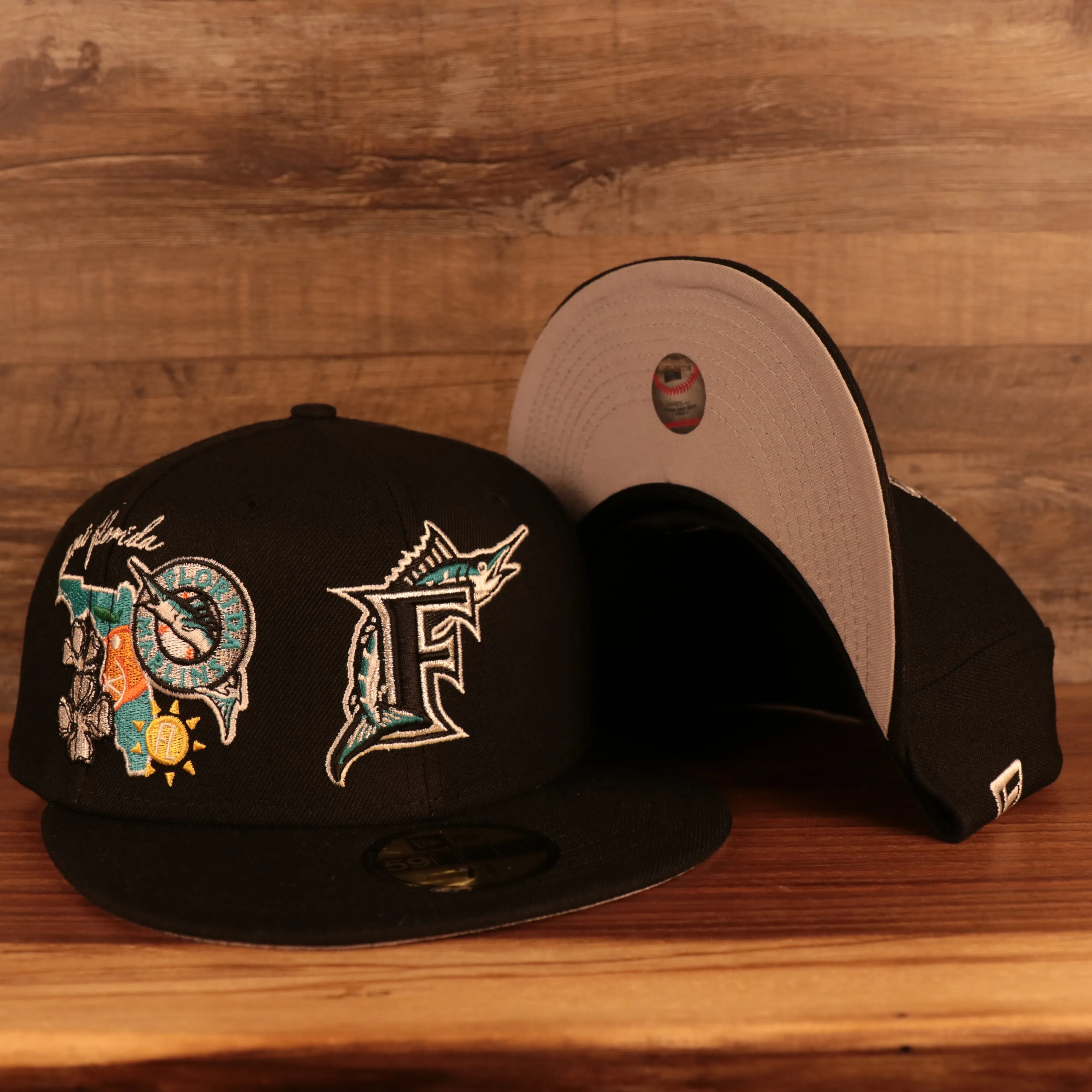 Florida Marlins Cooperstown City Cluster Side Patch Gray Bottom Black 59Fifty Fitted Cap