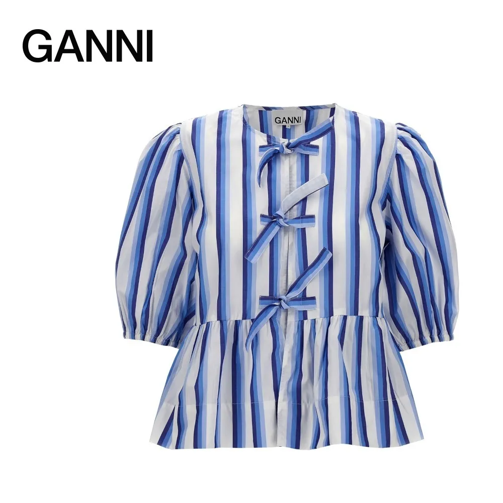 Ganni  |Stripes Casual Style Peplum Cotton Short Sleeves