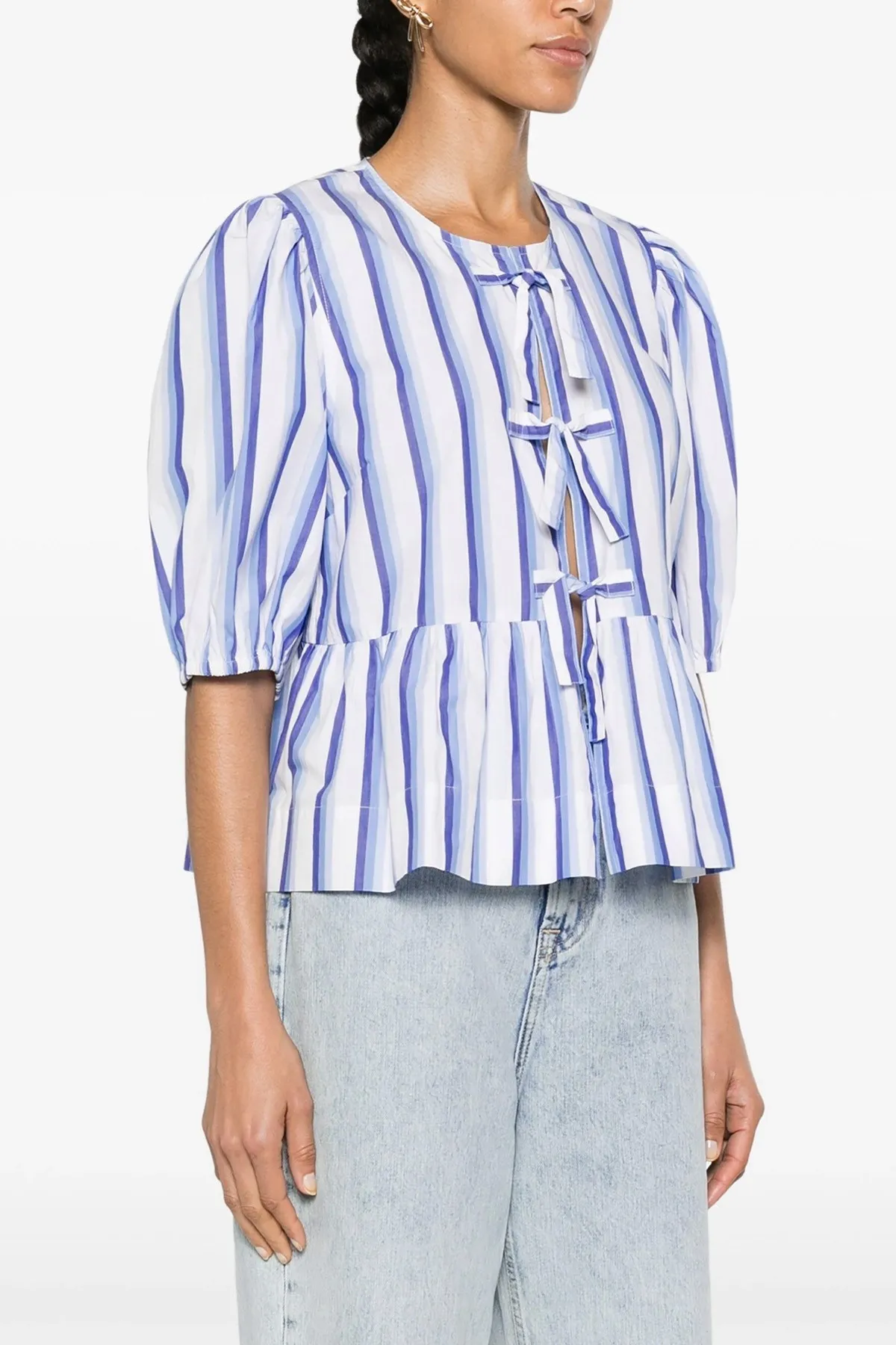 Ganni  |Stripes Casual Style Peplum Cotton Short Sleeves