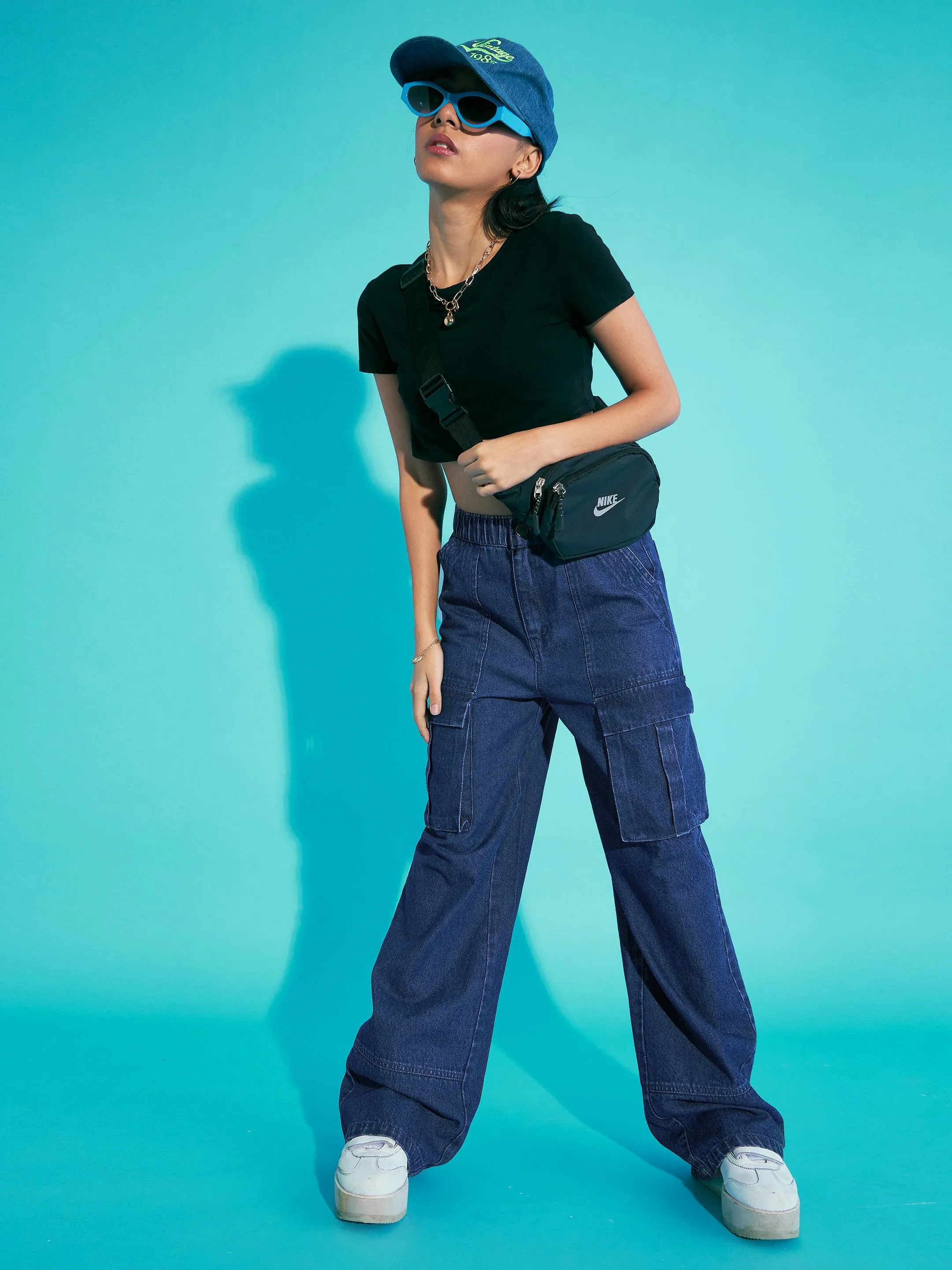 Girls Navy Blue Acid Wash Elasticated Waist Cargo Jeans