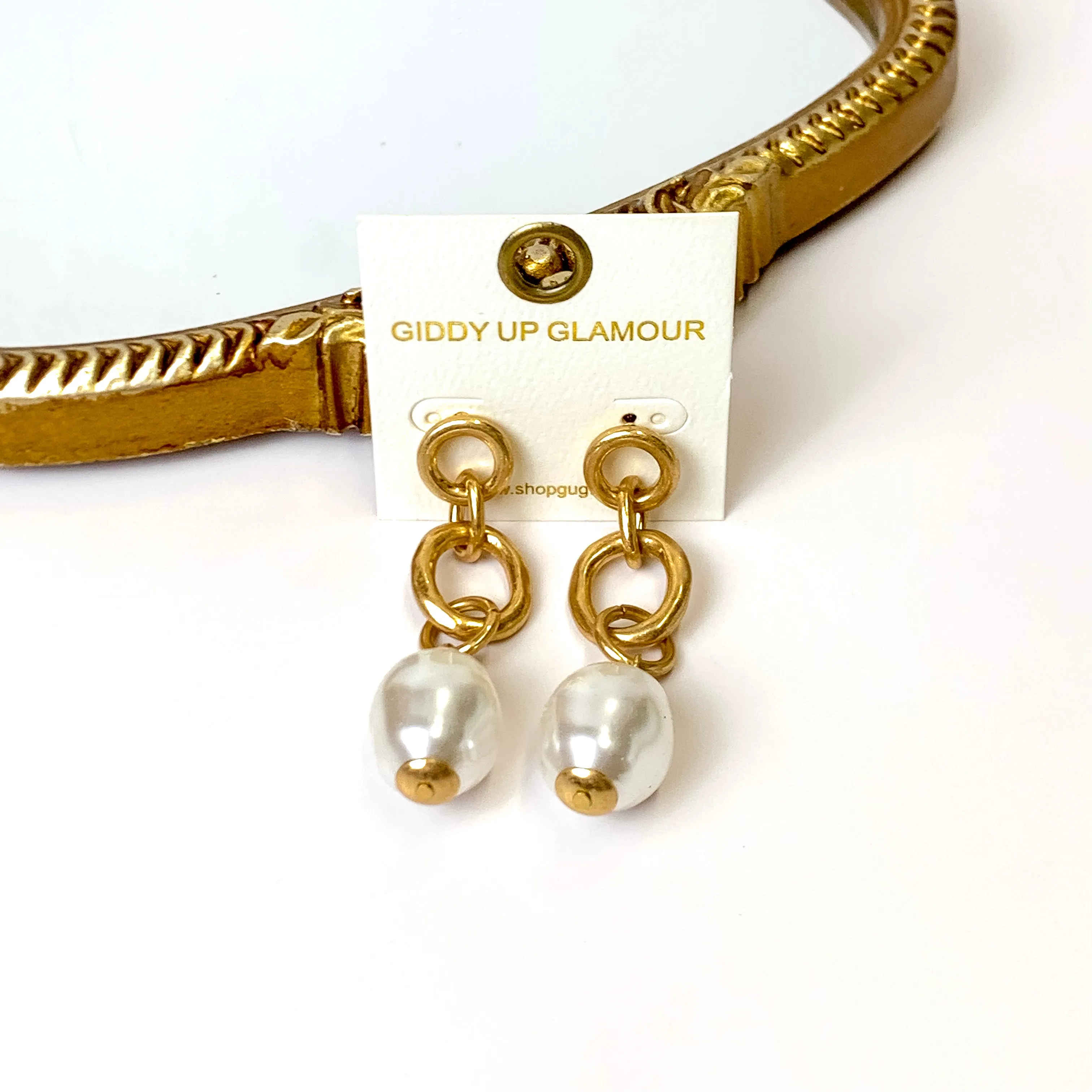 Gold Tone Chain Drop Earrings with Pearl Pendants