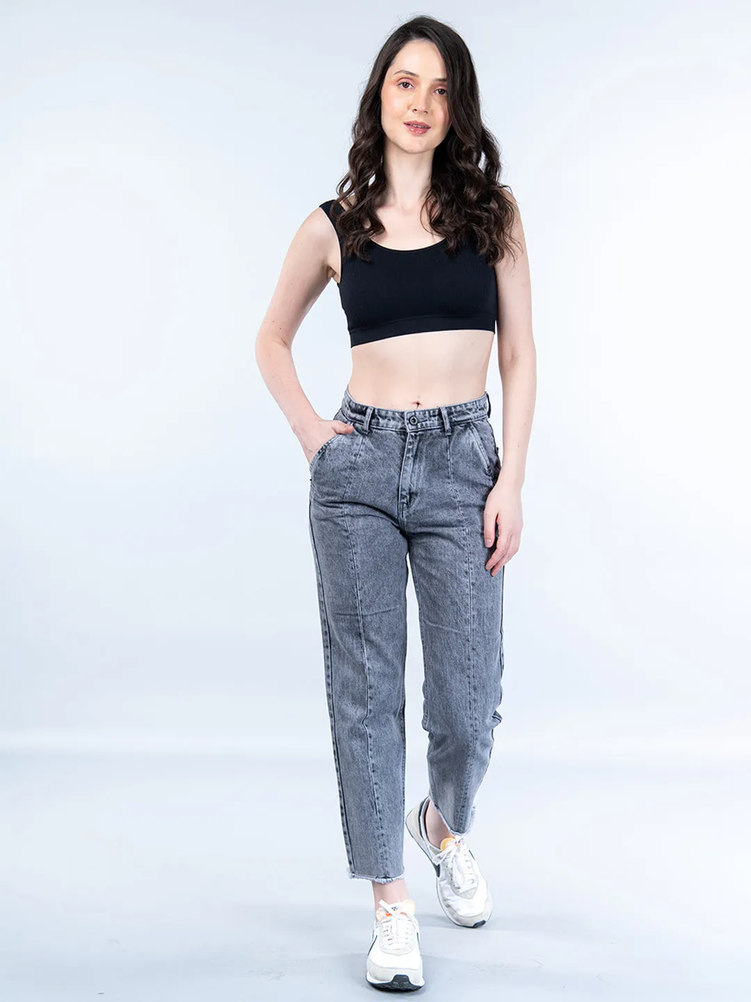 Grey Baggy-fit Jeans For Women