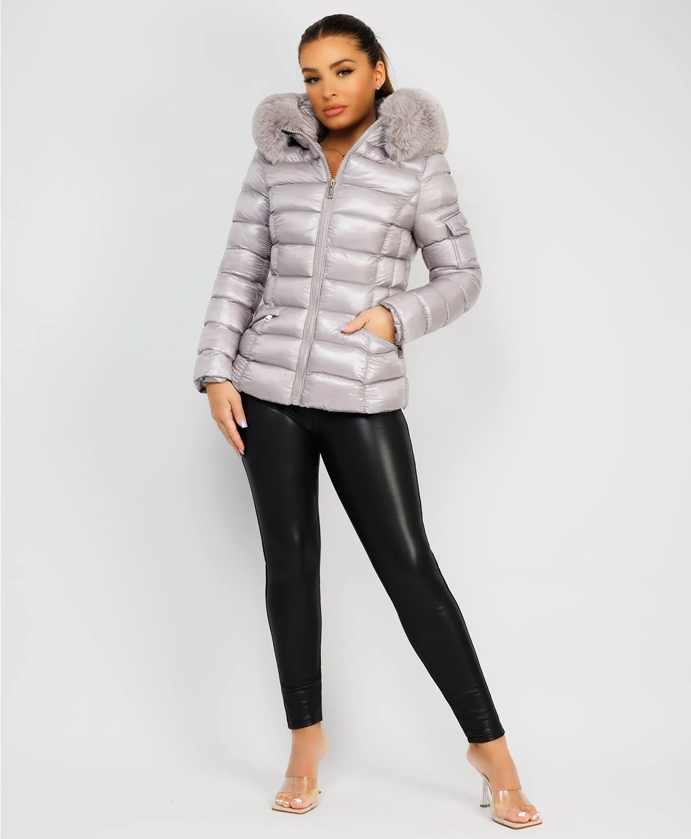 Grey Wet Look Shiny Puffer Jacket with Faux Fur Hood