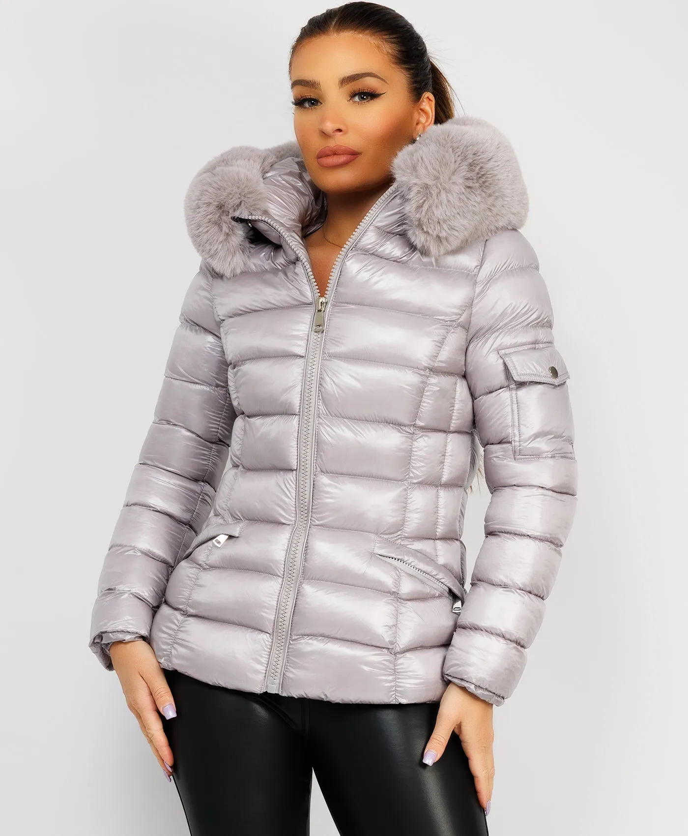 Grey Wet Look Shiny Puffer Jacket with Faux Fur Hood