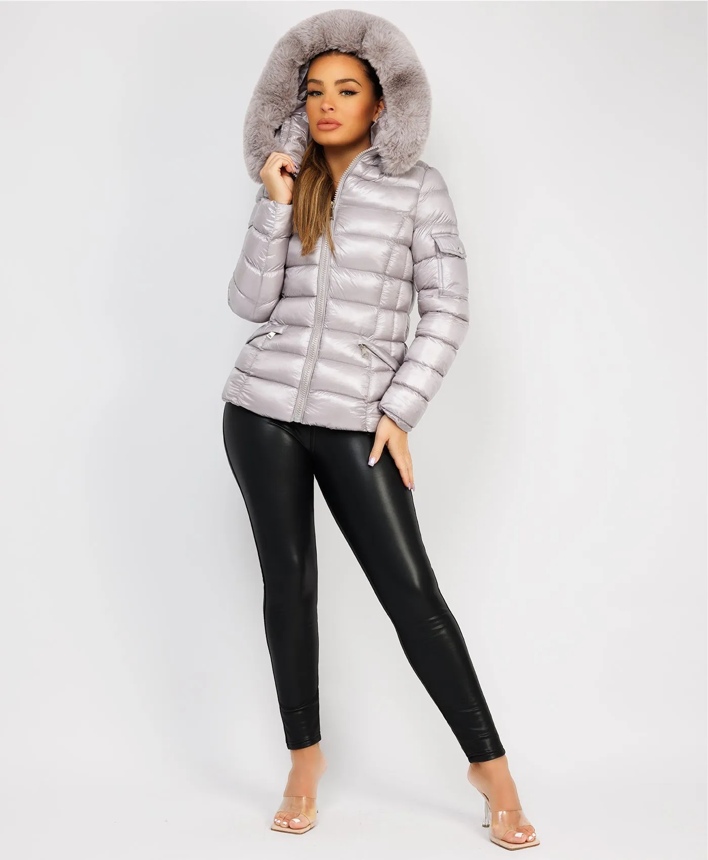 Grey Wet Look Shiny Puffer Jacket with Faux Fur Hood