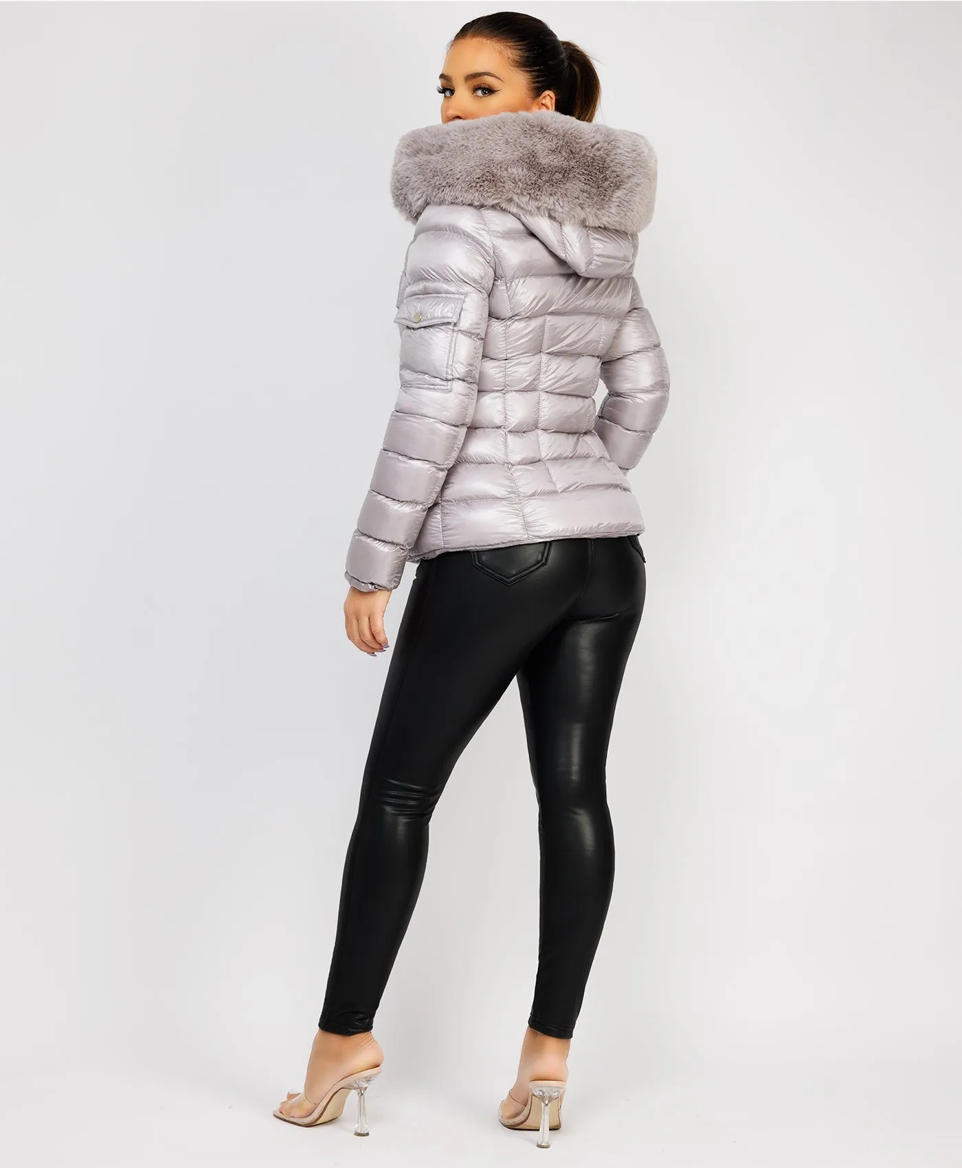 Grey Wet Look Shiny Puffer Jacket with Faux Fur Hood