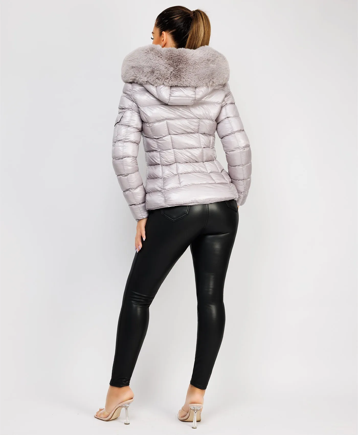 Grey Wet Look Shiny Puffer Jacket with Faux Fur Hood