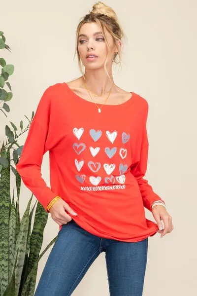 Heart Graphic Long Sleeve T-Shirt - Neon Red